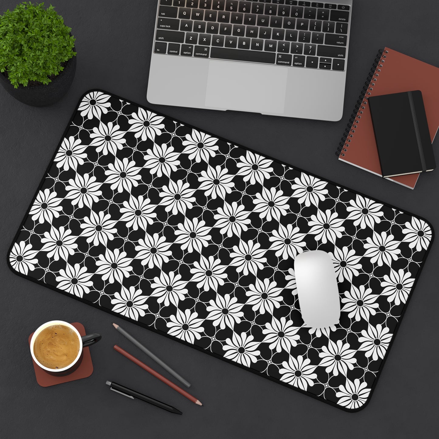 Retro Chic Monochrome Floral Geometric Flowers Extended Gaming Mouse Pad  Desk Mat  - 3 Sizes