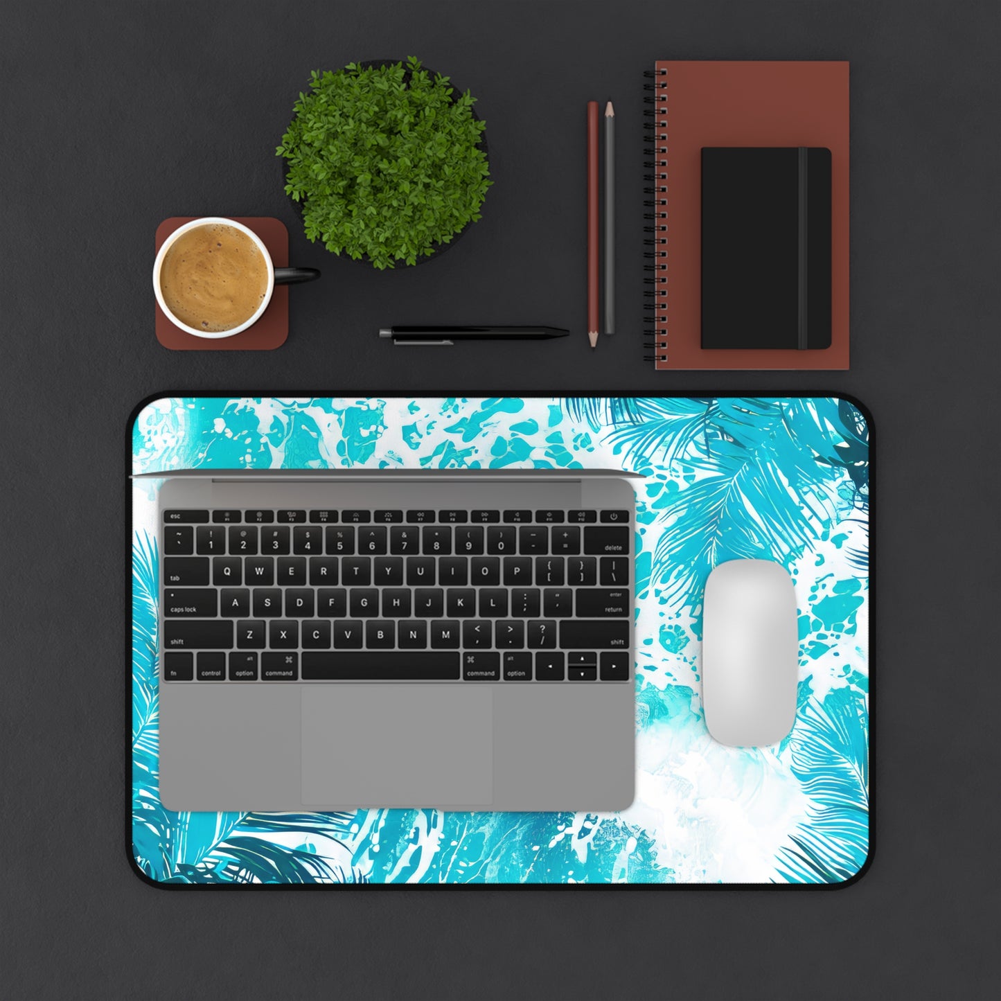 Tropical Serenity Lush Palm Leaves Interwoven with Foaming Sea Waves Rich Teal Tones Extended Gaming Mouse Pad  Desk Mat  - 3 Sizes