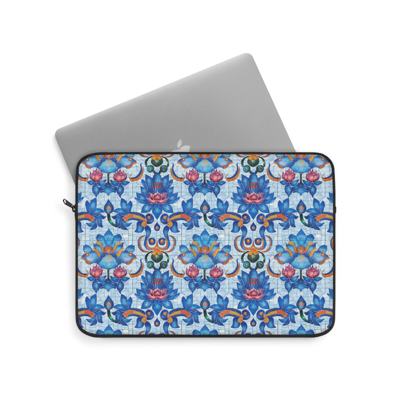 Majestic Mosaic Blossoms Vibrant Blue and Pink Floral Tile Design Laptop or Ipad Protective Sleeve 3 Sizes Available