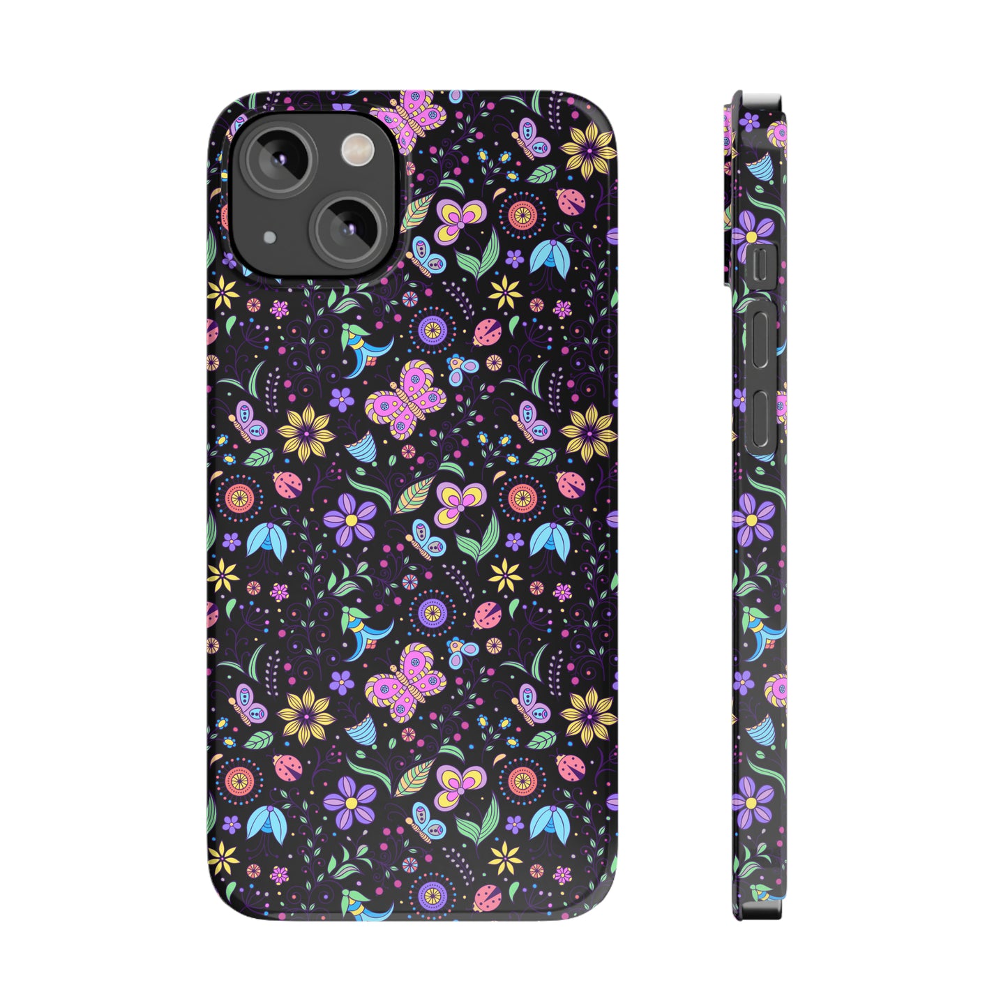 Butterflies and Flowers Black Background Iphone 15-12 Slim Phone Case