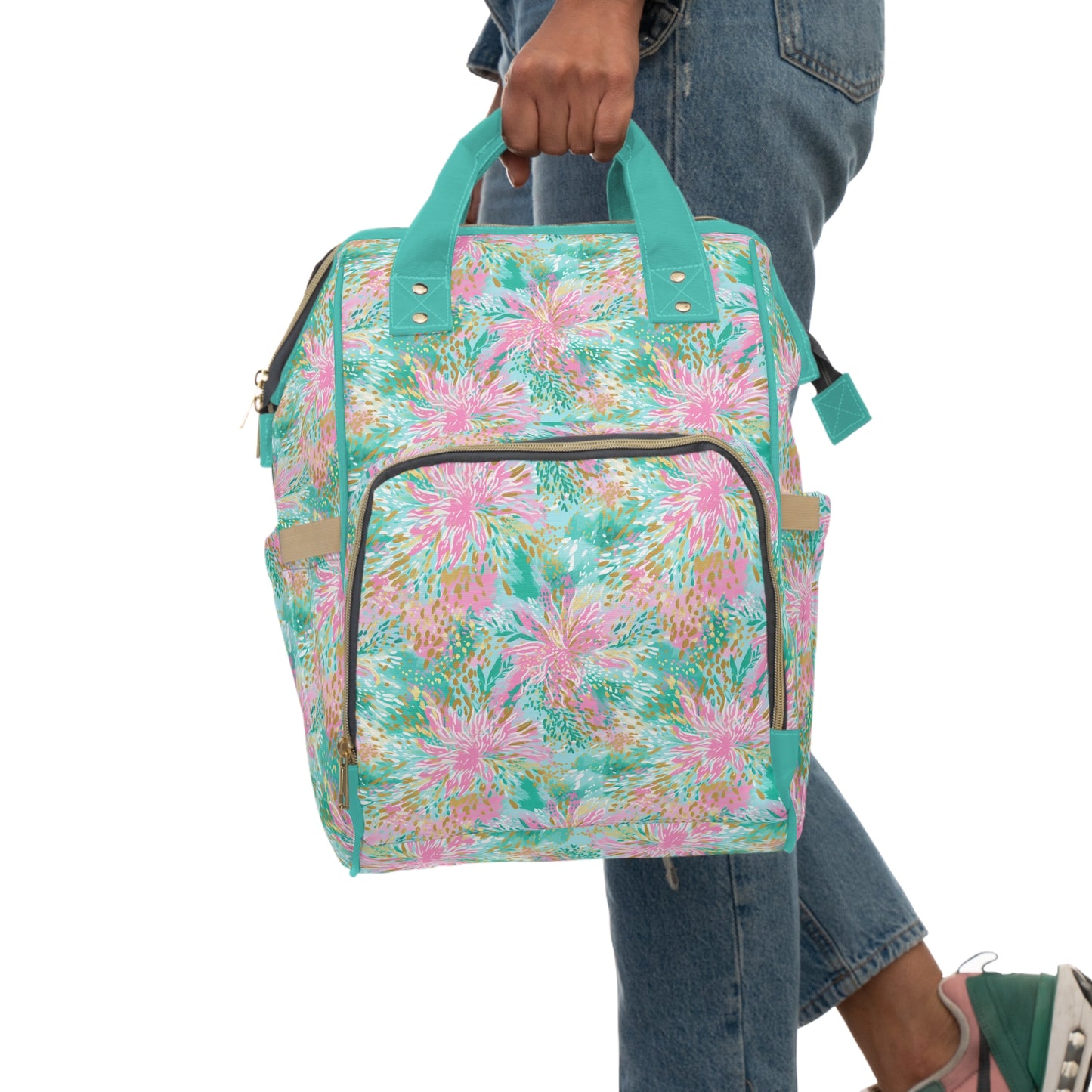 Soft Petal Symphony: Pastel Pink and Green Watercolor Flower Bursts Multifunctional Diaper Backpack