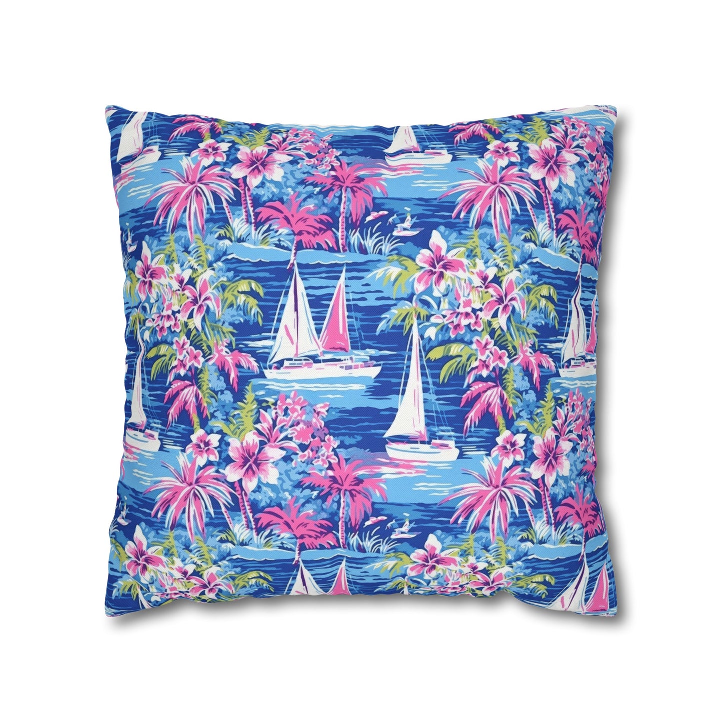 Sailing Tropics: Watercolor Sailboats Amidst Ocean Waves, Tropical Flowers, and Palm Trees Spun Polyester Square Pillowcase 4 Sizes