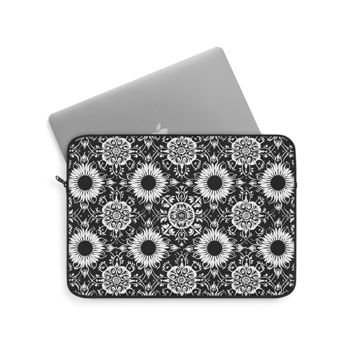 Elegant Mandala Design with Black and White Sunflowers Laptop or Ipad Protective Sleeve 3 Sizes Available