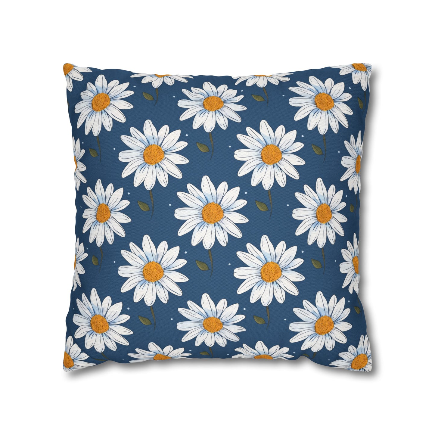 Elegant White Daisies on Navy Blue Background Spun Polyester Square Pillowcase 4 Sizes