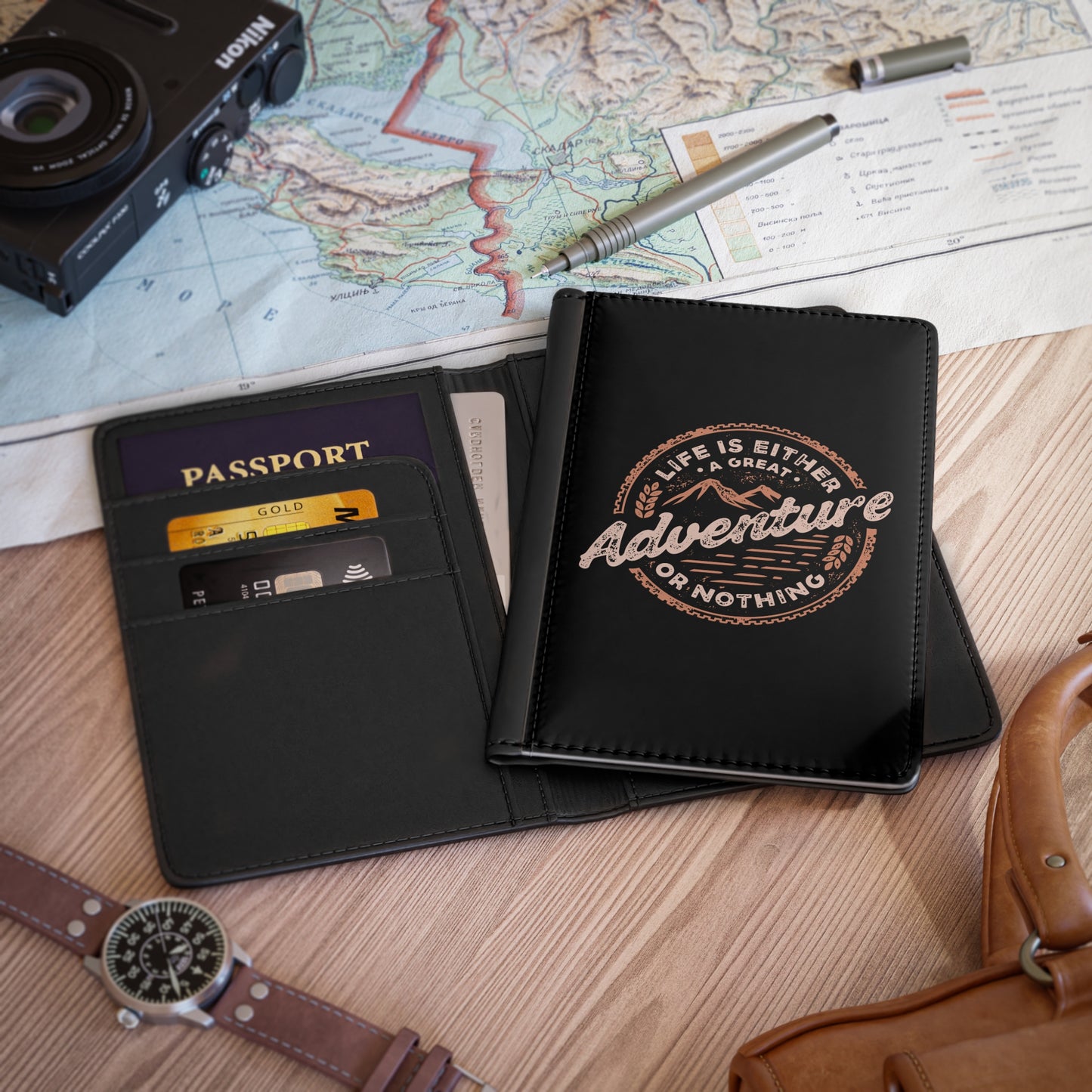 Live is Either a Great Adventure or Nothing - Passport Cover Faux Leather RFID Blocking