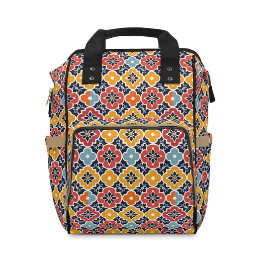 Vibrant Moroccan Orange, Gold and Blue Tile Pattern Multifunctional Diaper Backpack