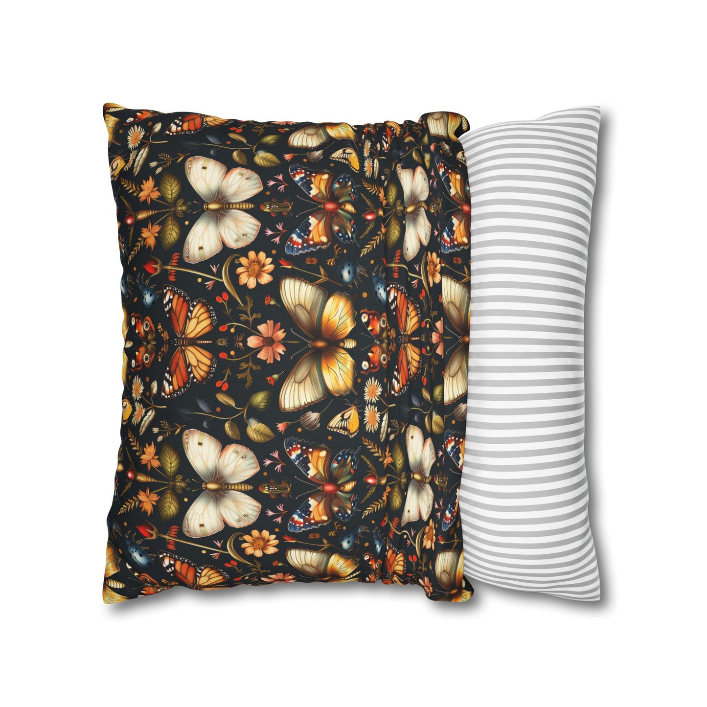 Enchanted Garden of Butterflies and Botanicals in Rich Autumn Hues on a Deep Night Background Polyester Square Pillowcase 4 Sizes