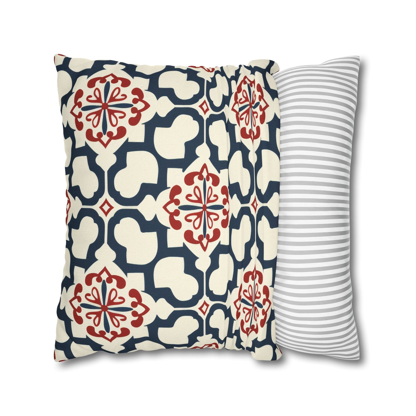 Traditional Korean Elegance in Bold Red and Navy Geometric Tile Pattern Spun Polyester Square Pillowcase 4 Sizes