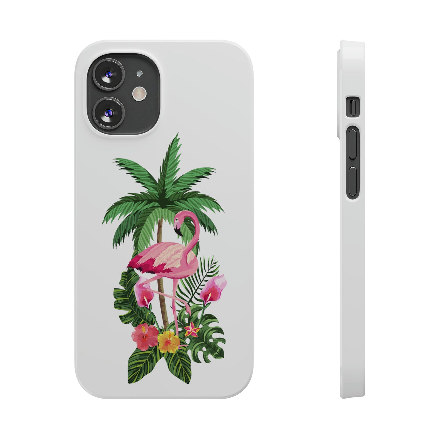 Tropical Pink Flamingo and Flowers White Background Iphone 15-12 Slim Phone Case