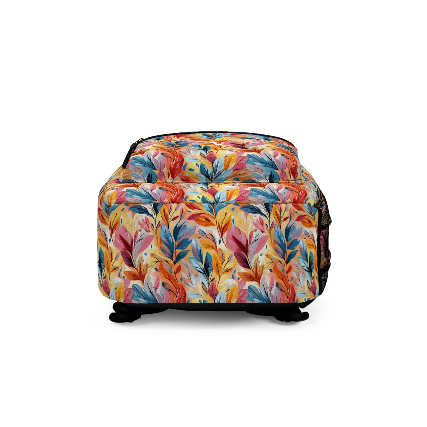 Vibrant Autumn Feathers in Hues of Orange, Yellow, Blue, and Pink on a Textured Background Lightweight Stylish Durable Backpack (Made in USA)