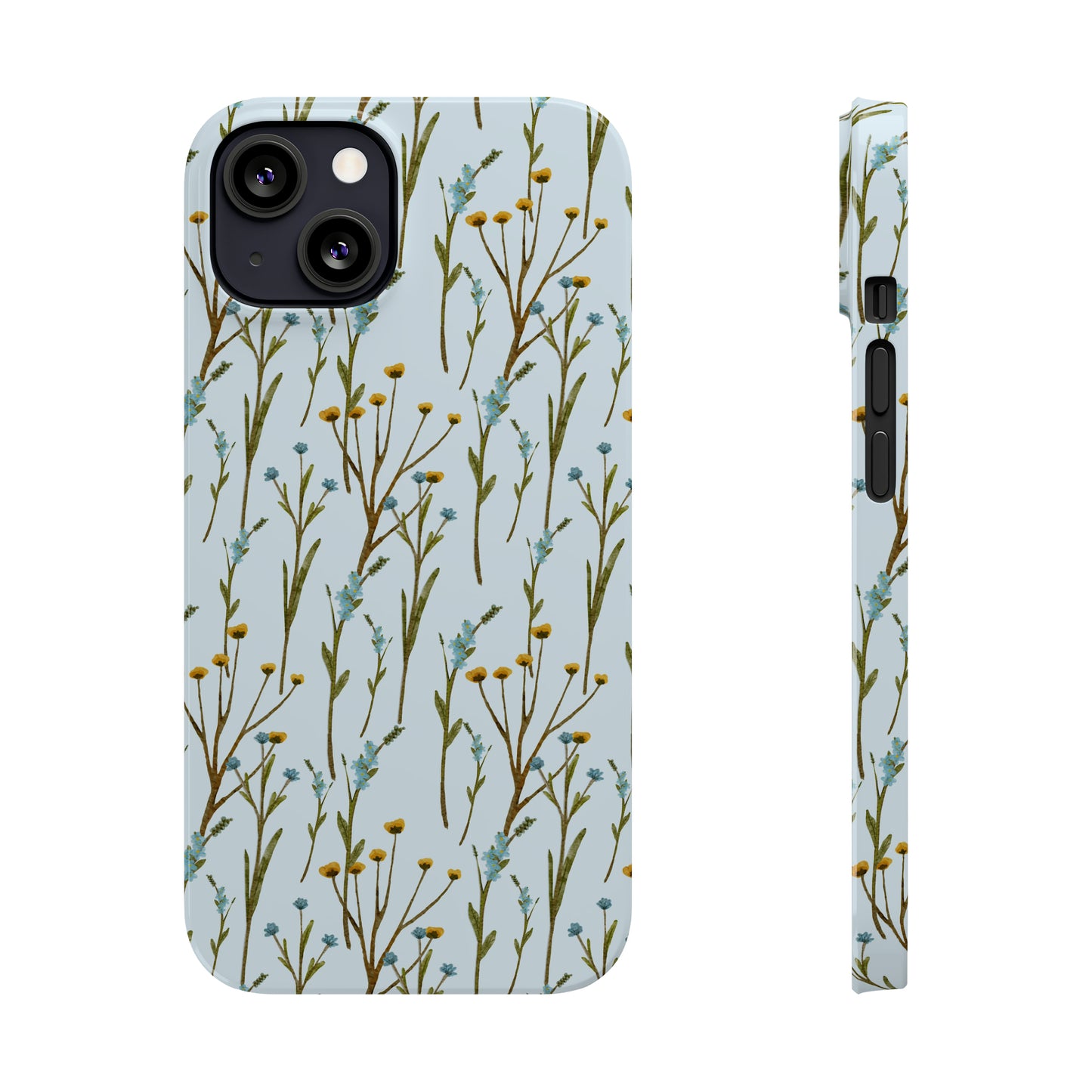 Delicate Blue and Yellow Wildflowers on a Light Blue Background Design Iphone 15-12 Slim Phone Case