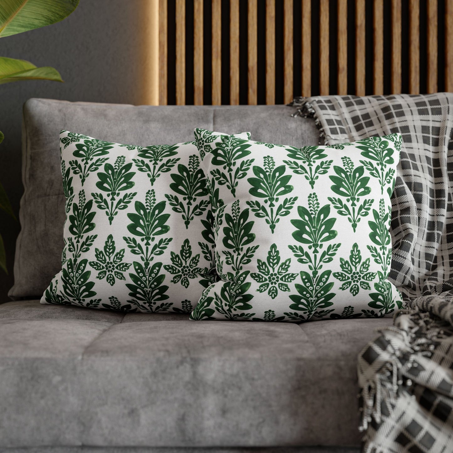 Green Botanical Indian Block Print Pattern Spun Polyester Square Pillowcase 4 Sizes