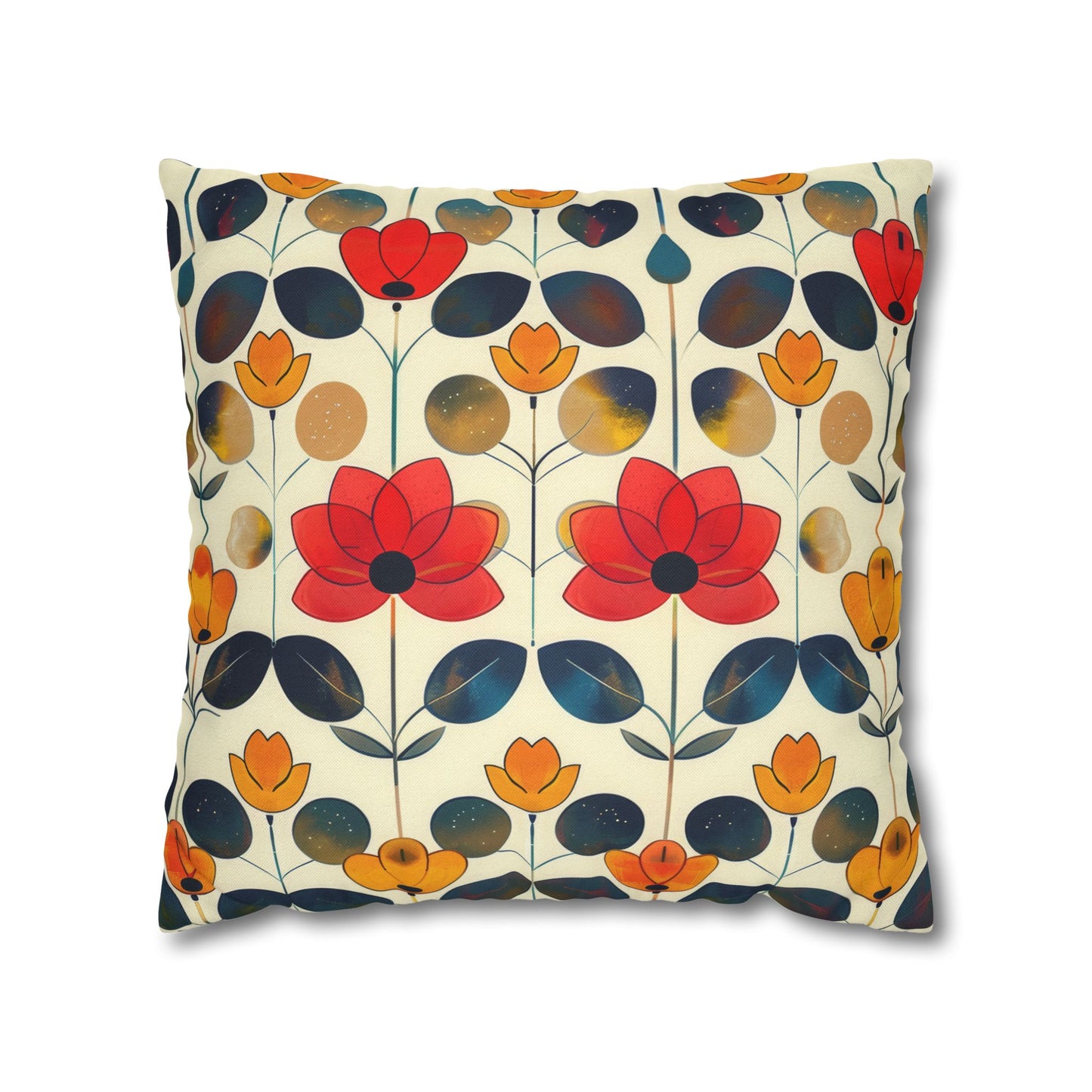 Whimsical Yellow, Red, and Blue Flower Design Spun Polyester Square Pillowcase 4 Sizes