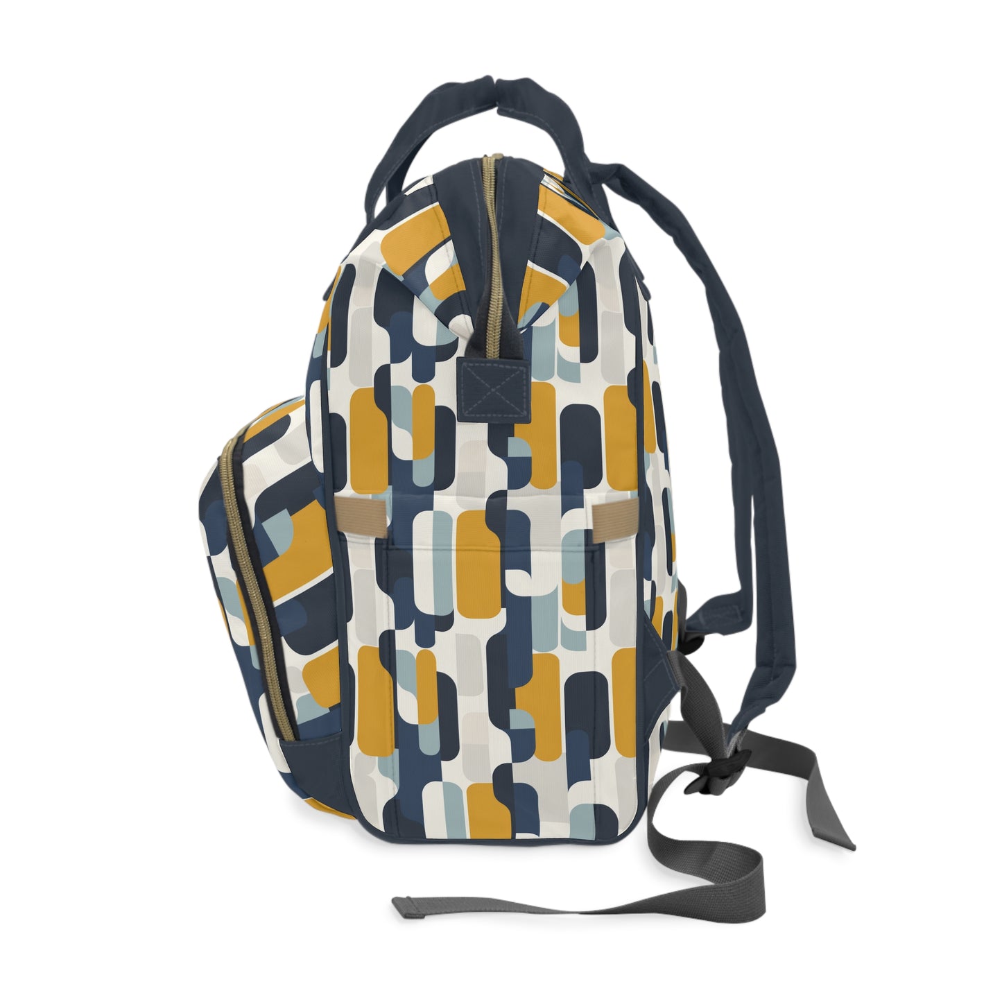 Modern Retro with Bold Geometric Pattern in Mustard and Navy  Multifunctional Diaper Backpack