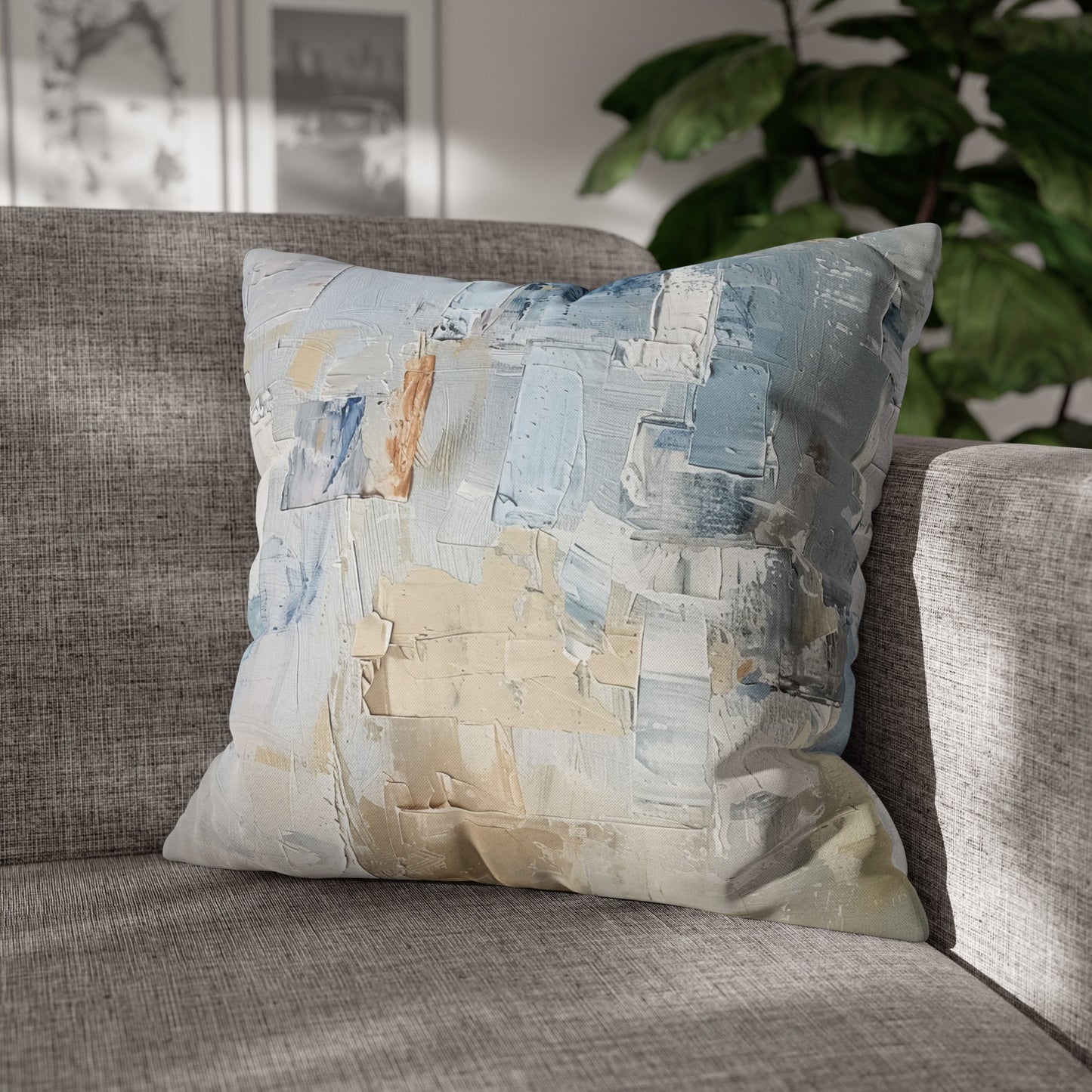 Bold Contrasts Abstract Tan, Grey and Blue Color Blocking with Heavy Strokes Spun Polyester Square Pillowcase 4 Sizes