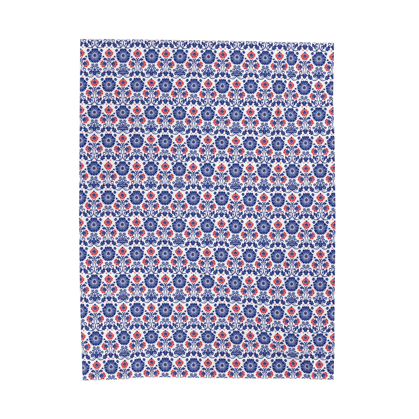 Charming Folk Blooms in Classic Polish Pottery Inspired Floral Pattern in Blue and Red Velveteen Plush Blanket 3 Sizes