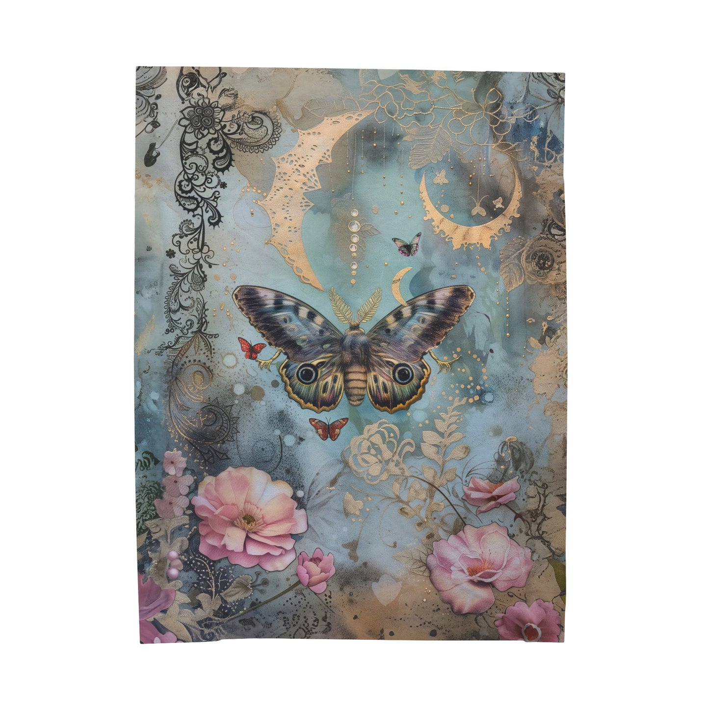 Mystical Butterfly and Pink & Teal Flowers Celestial Crescent Moon Velveteen Plush Blanket 3 Sizes