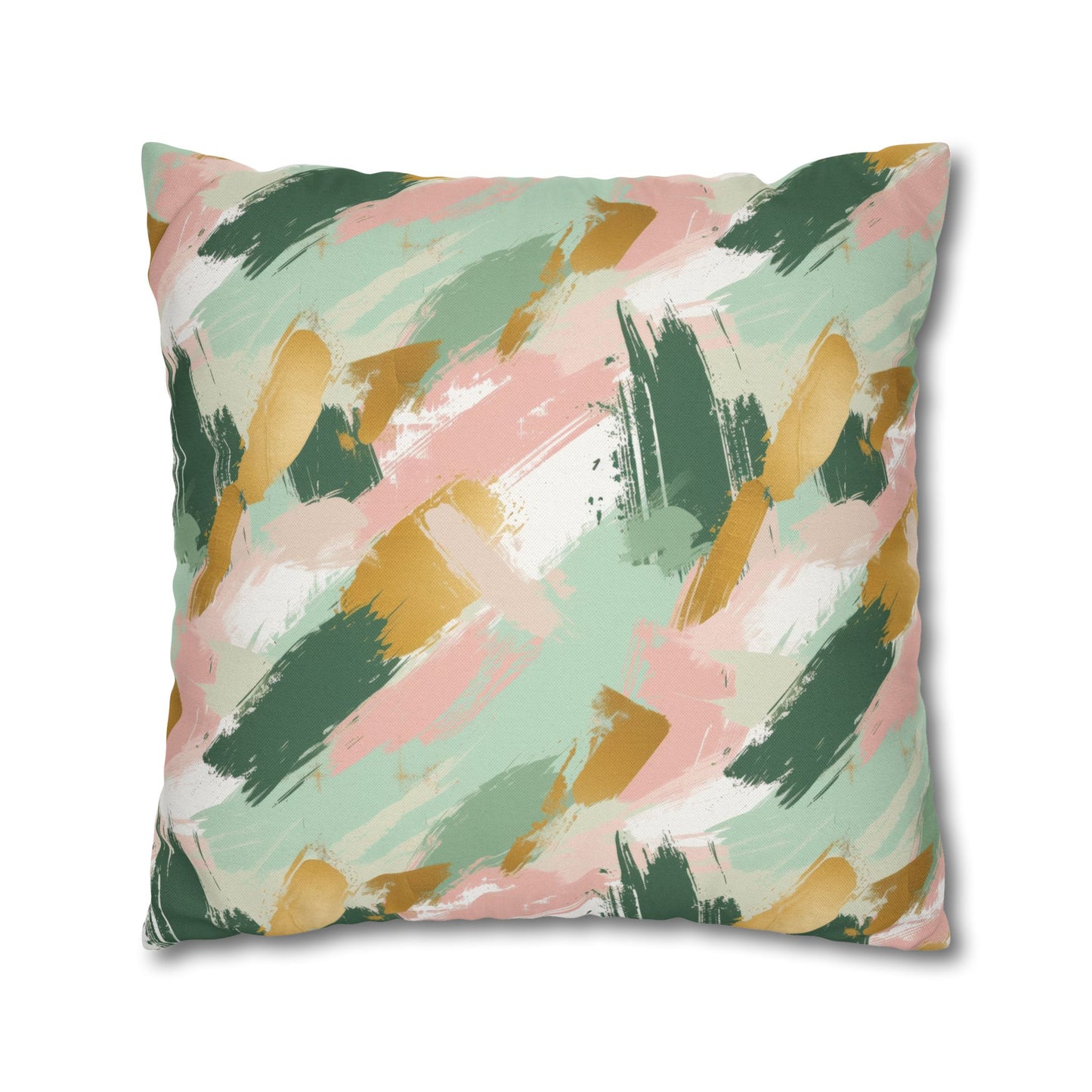 Spring Brushstrokes Abstract in Light Green, Pink, and Gold Spun Polyester Square Pillowcase 4 Sizes