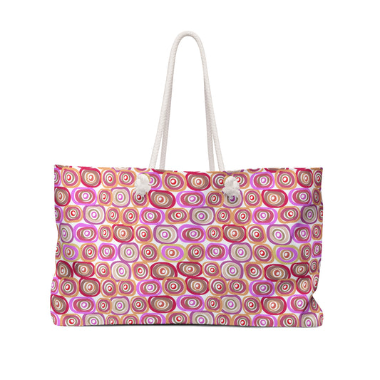 Modern Geometric Art Vibrant Pink, Orange and Tans Circles Pattern Weekender Oversized Canvas Tote Bag 24" × 13"