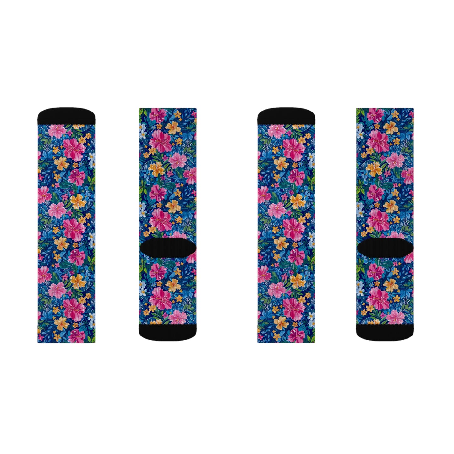 Tropical Sunrise Bloom: Pink Watercolor Flowers with Yellow and Blue Accents Ribbed Crew Socks