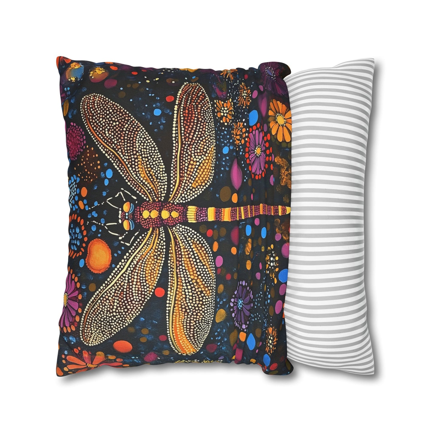 Vibrant Dragonfly Amidst a Kaleidoscope of Dot-Painted Blooms Spun Polyester Square Pillowcase 4 Sizes