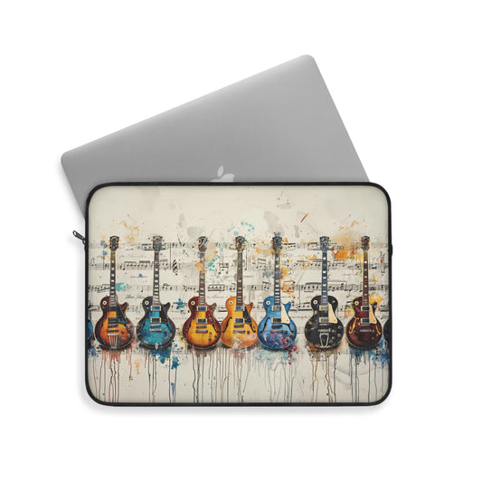 Harmonious Diversity: Array of Electric Guitars in Multicolors Resting on Sheet Music  Laptop or Ipad Protective Sleeve 3 Sizes