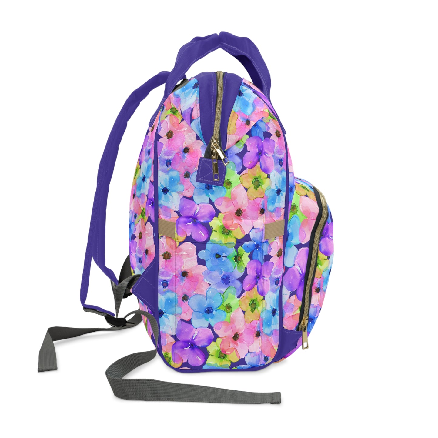 Prismatic Garden: Luminous Pink, Purple, and Blue Blossoms Multifunctional Diaper Backpack