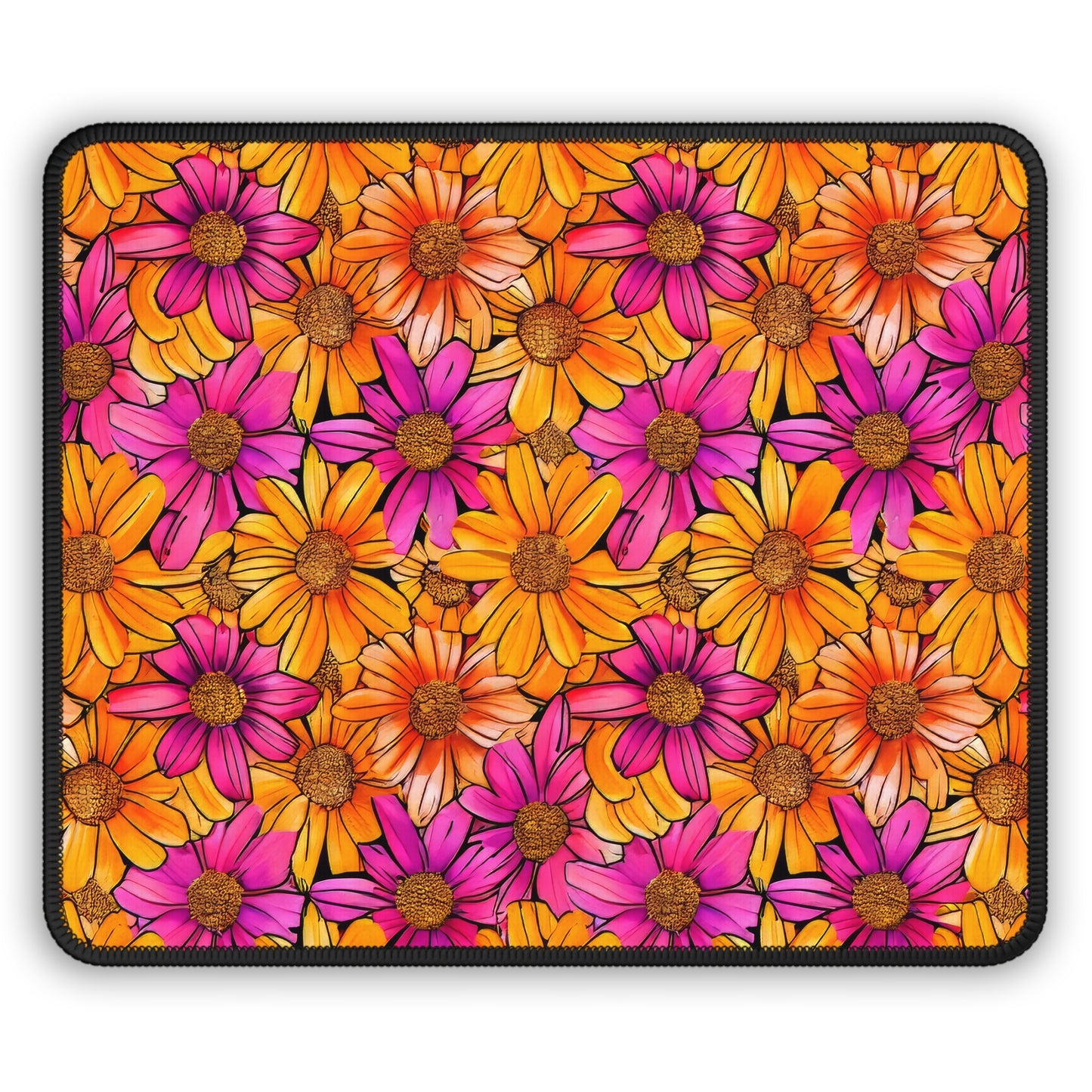 Vibrant Daisy Delight with Bold Orange and Pink Flowers Gaming Mouse Pad with Finished Edges