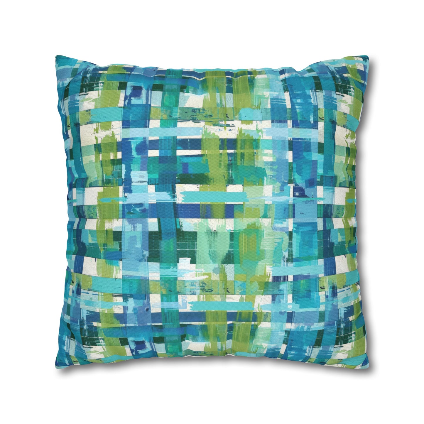 Enchanted Lagoon: Vibrant Green and Blue Abstract Plaid Spun Polyester Square Pillowcase 4 Sizes