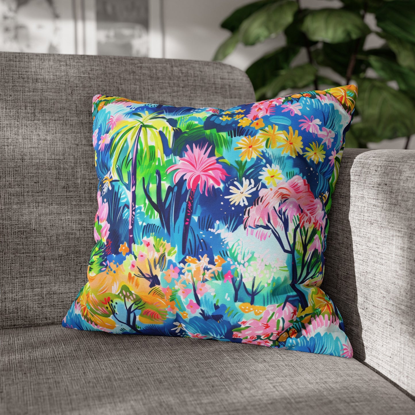 Kaleidoscope Canopy: Tropical Palm Symphony Spun Polyester Square Pillowcase 4 Sizes