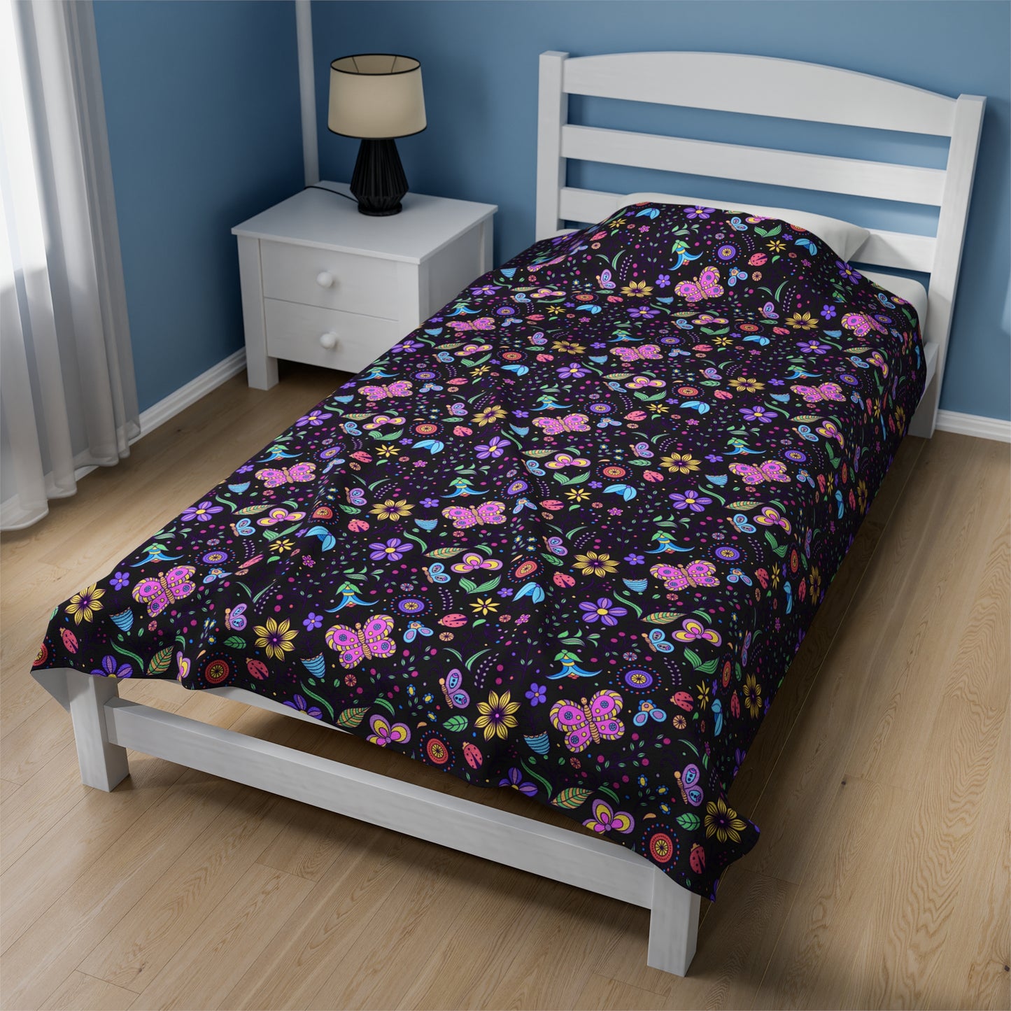 Whimsical Flutter: Kids' Enchanted Butterflies and Blooming Flowers on Black  Velveteen Plush Blanket 3 Sizes