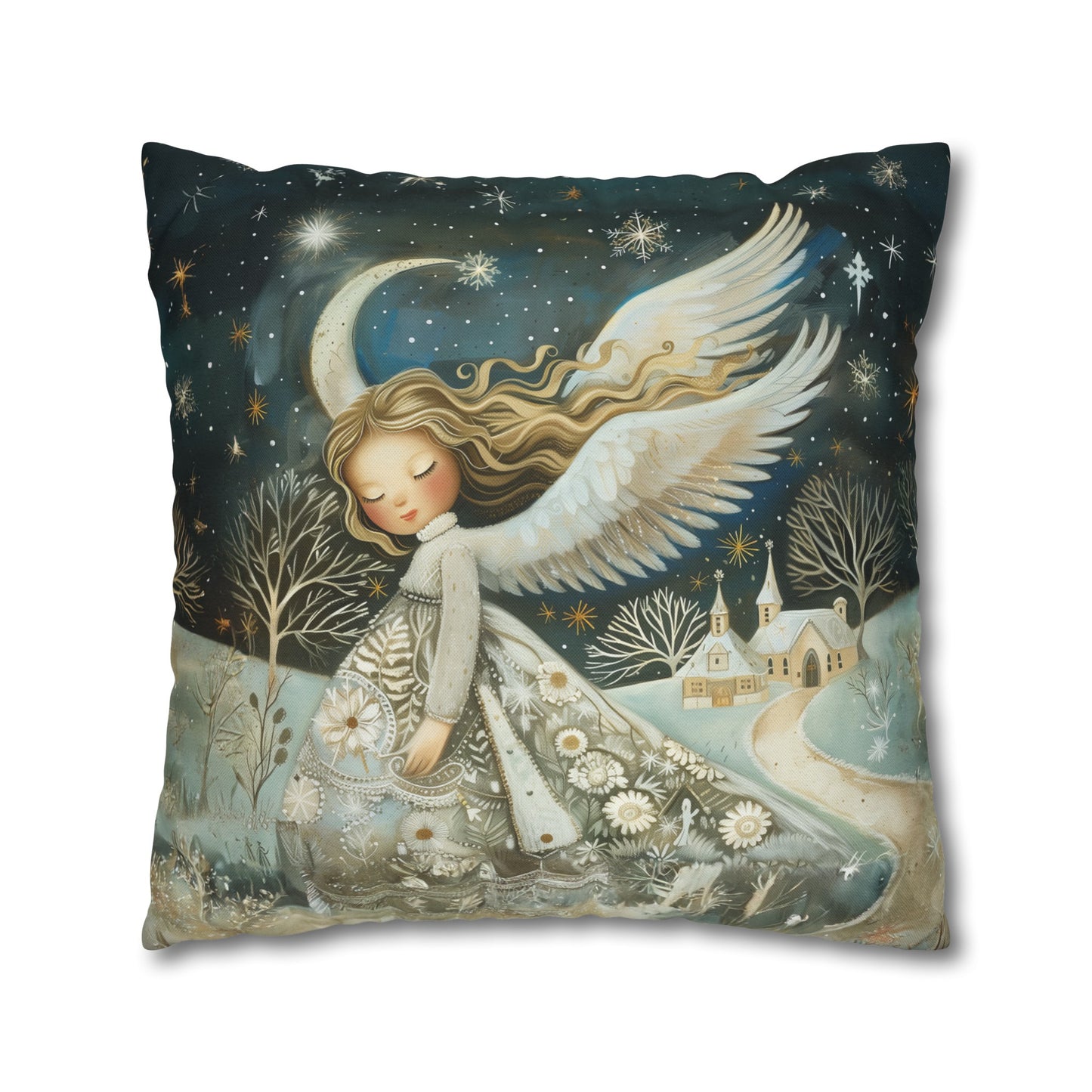 Guardian of Bloom: Young Angel in Floral Dress Amidst a Quaint Village Spun Polyester Square Pillowcase 4 Sizes