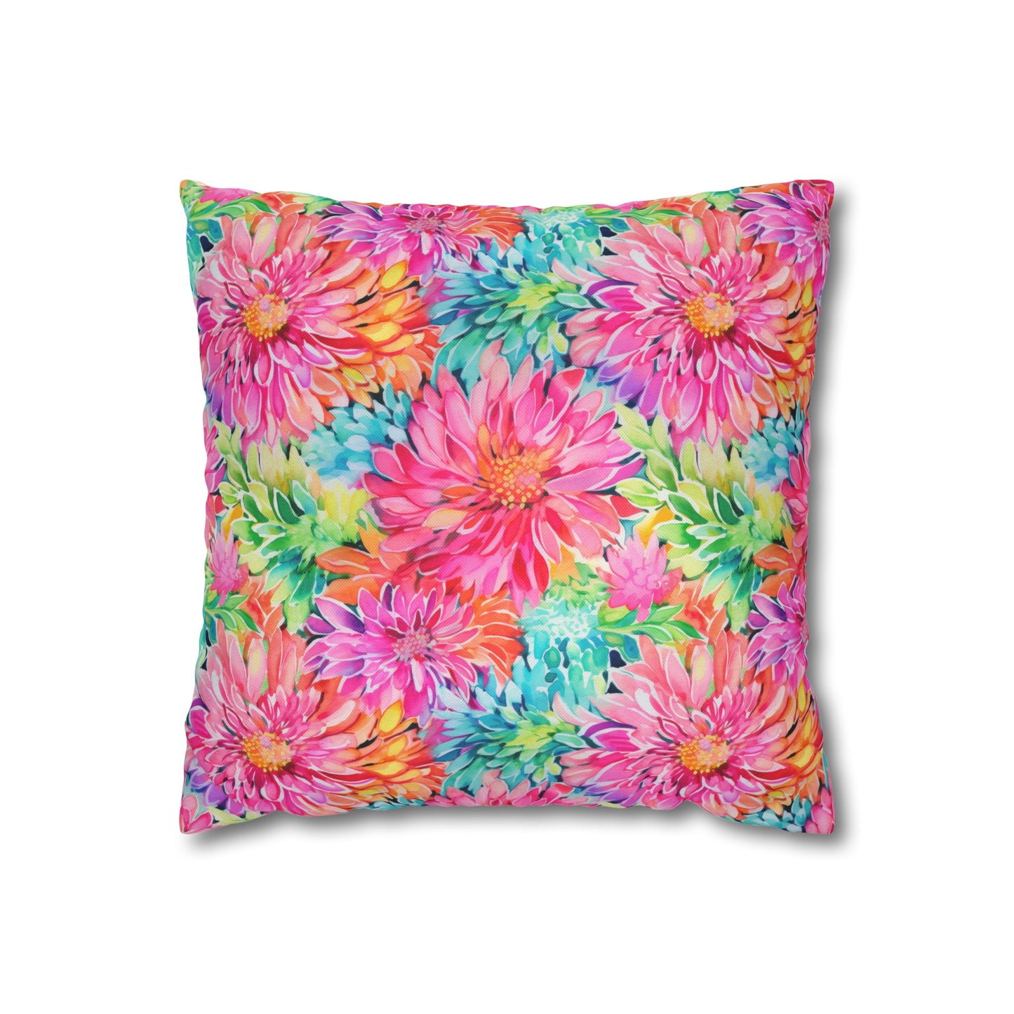 Blooming Spectrum: Large Vibrant Watercolor Flowers in Full Bloom Spun Polyester Square Pillowcase 4 Sizes