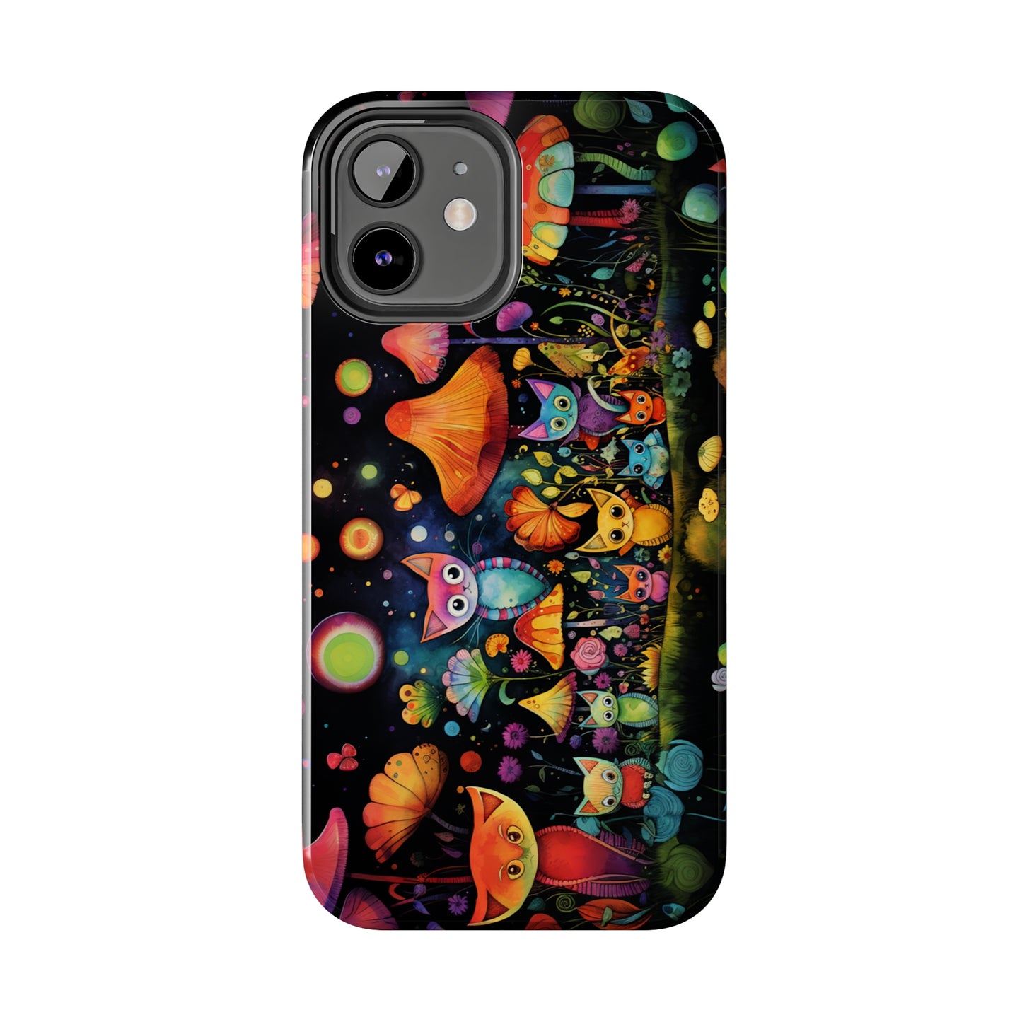 Mystical Cats Amidst a Garden of Flowers and Mushrooms, Beneath a Starry Sky Iphone Tough Phone Case