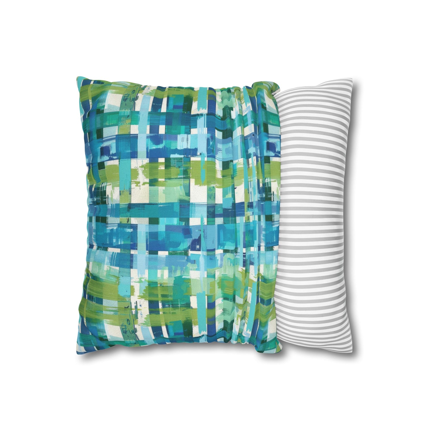 Enchanted Lagoon: Vibrant Green and Blue Abstract Plaid Spun Polyester Square Pillowcase 4 Sizes