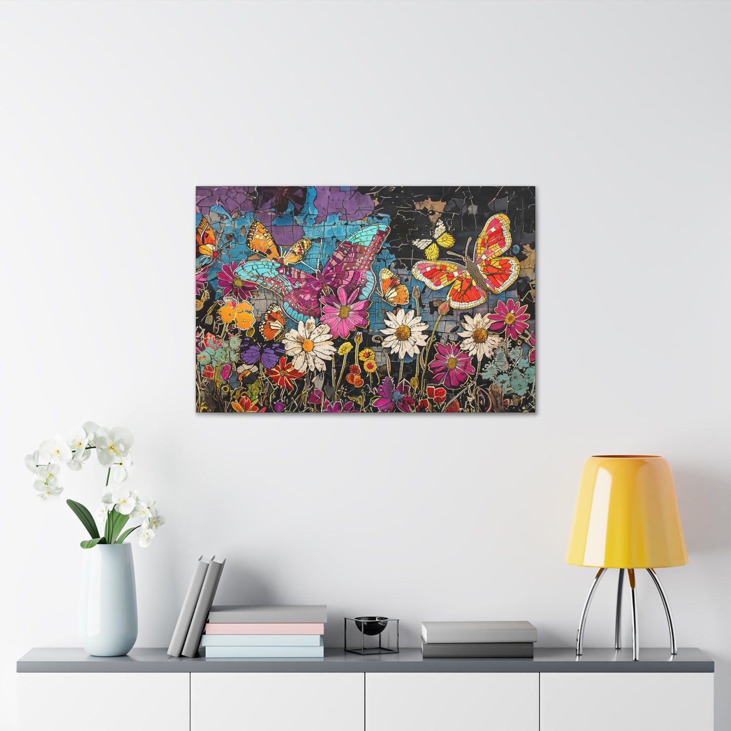 Vibrant Pop Art Garden: Butterfly & Daisy Floral Fantasy Canvas Gallery  - 3 Sizes