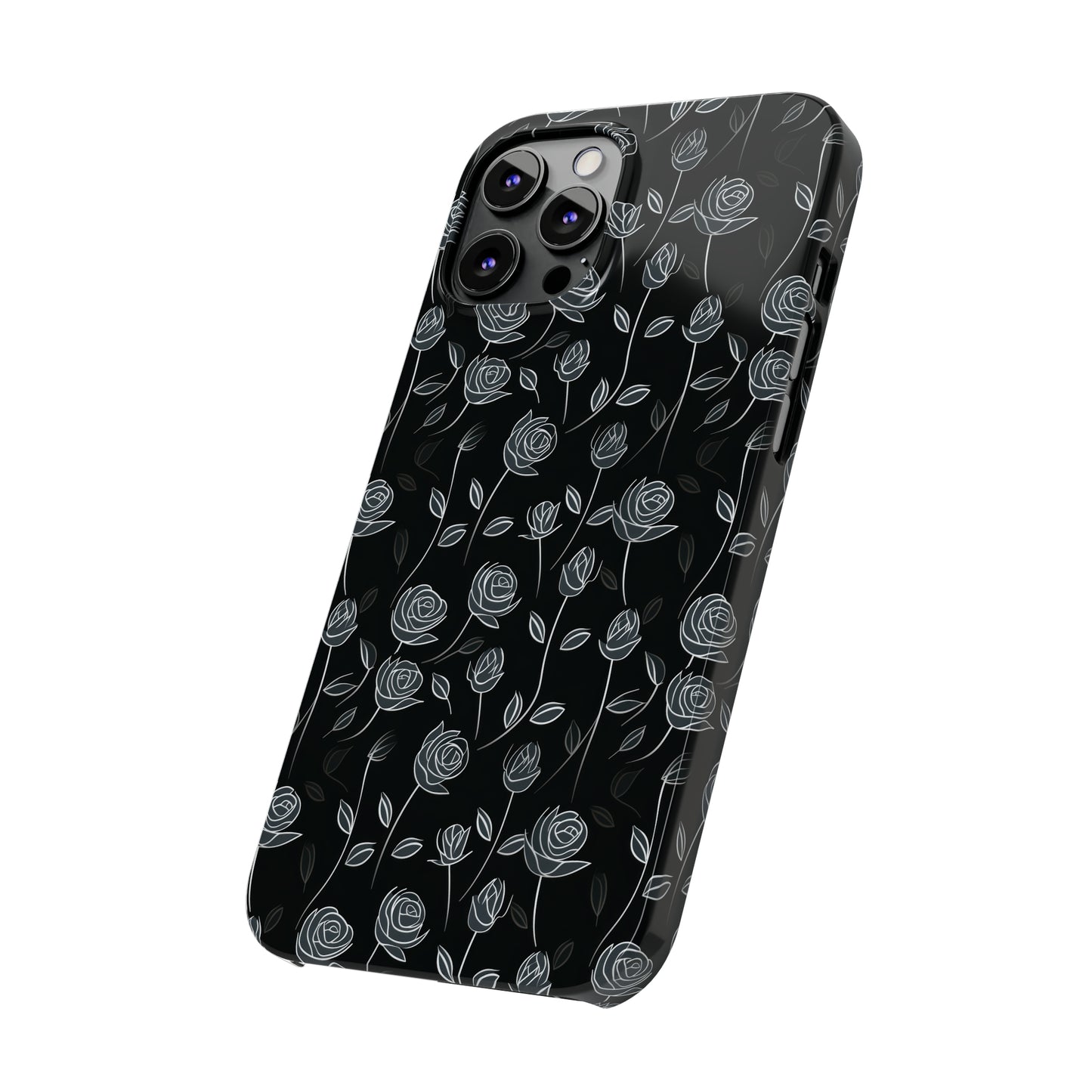 Contrasting Elegance: White Outlined Roses on a Black Background Iphone 15-12 Slim Phone Case