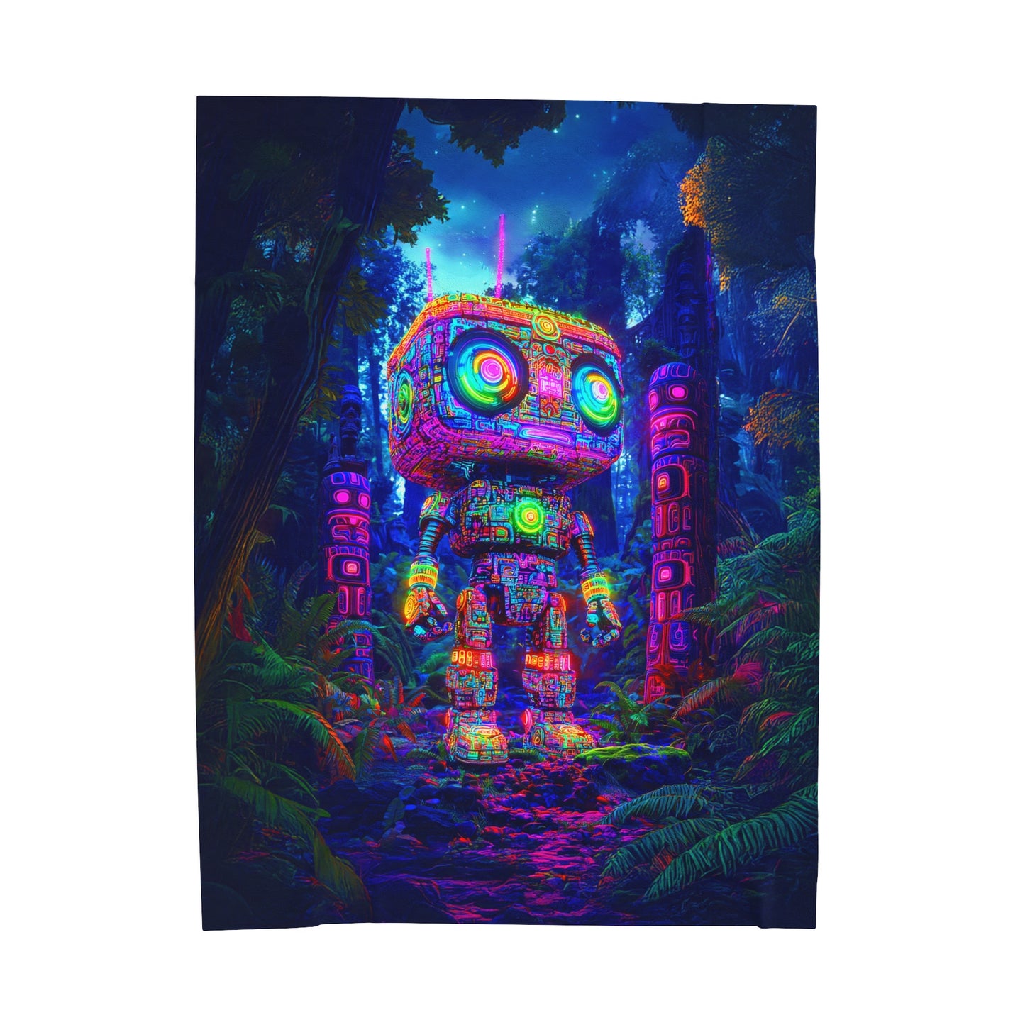 Vibrant Robotic Sentinel Amidst the Mystic Wilderness Velveteen Plush Blanket 3 Sizes