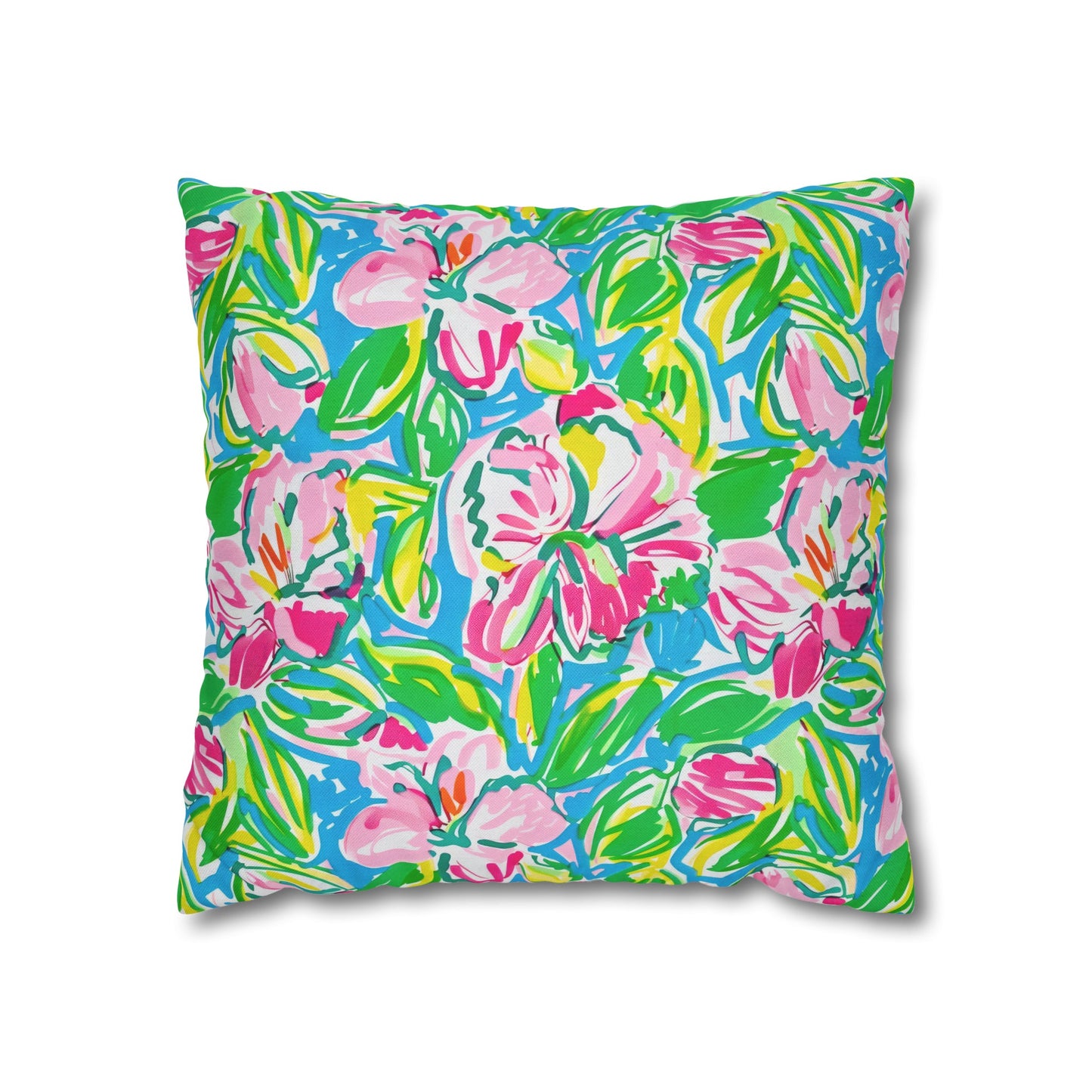 Whispering Meadows: Pink Blossoms, Lush Green Leaves, and Accents of Yellow and Blue Spun Polyester Square Pillowcase 4 Sizes