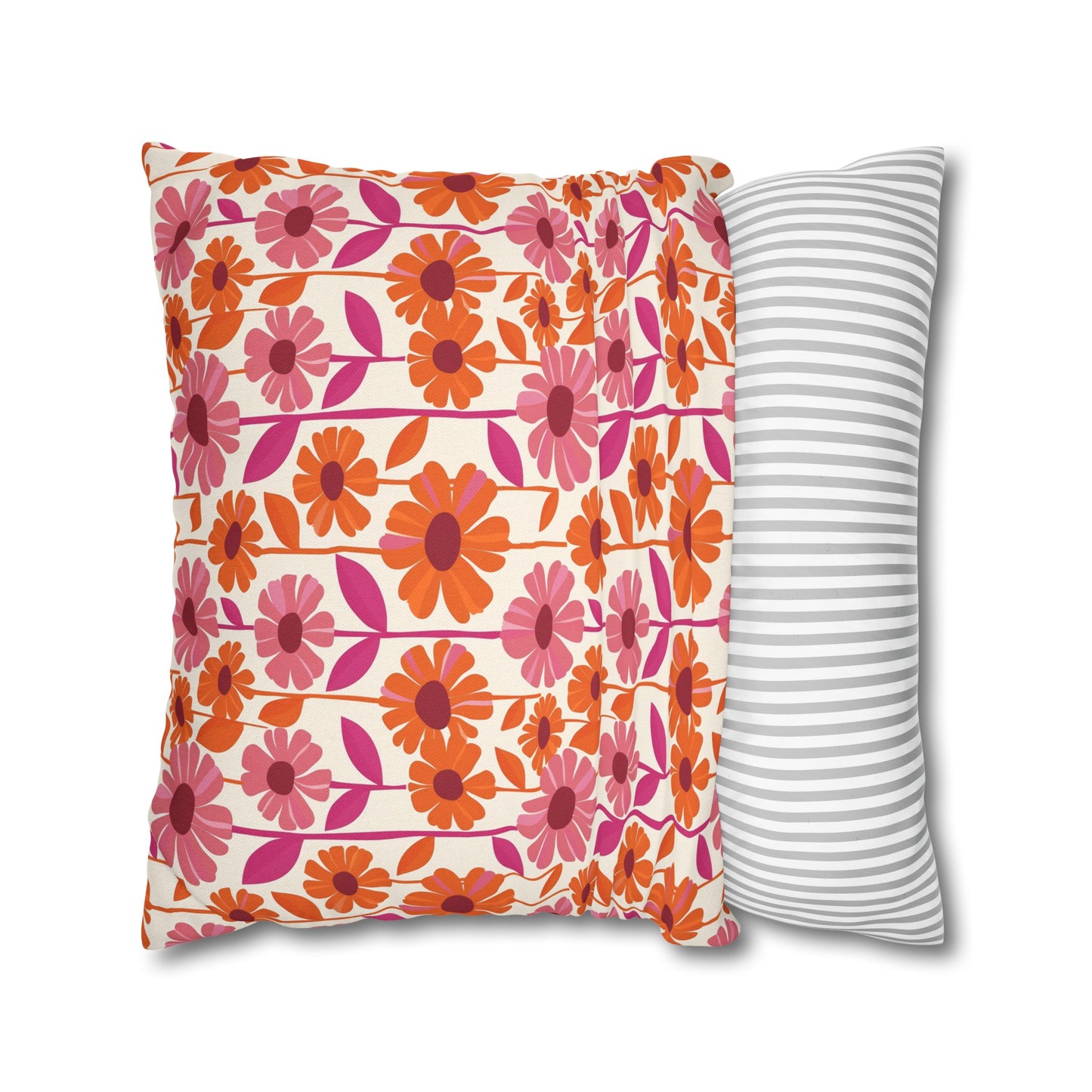 Retro Floral Bliss with Bold Pink and Orange Flower Design Spun Polyester Square Pillowcase 4 Sizes