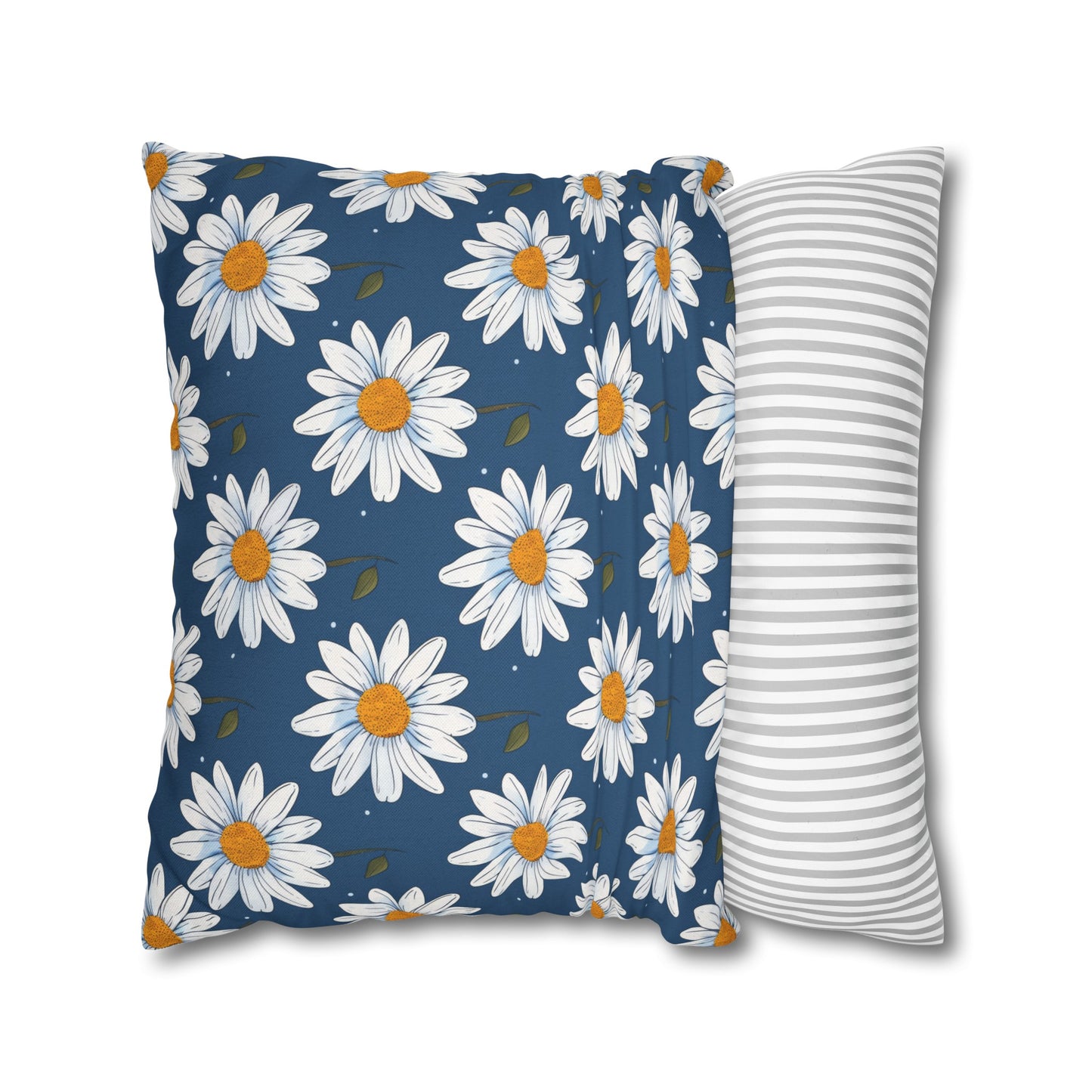 Elegant White Daisies on Navy Blue Background Spun Polyester Square Pillowcase 4 Sizes