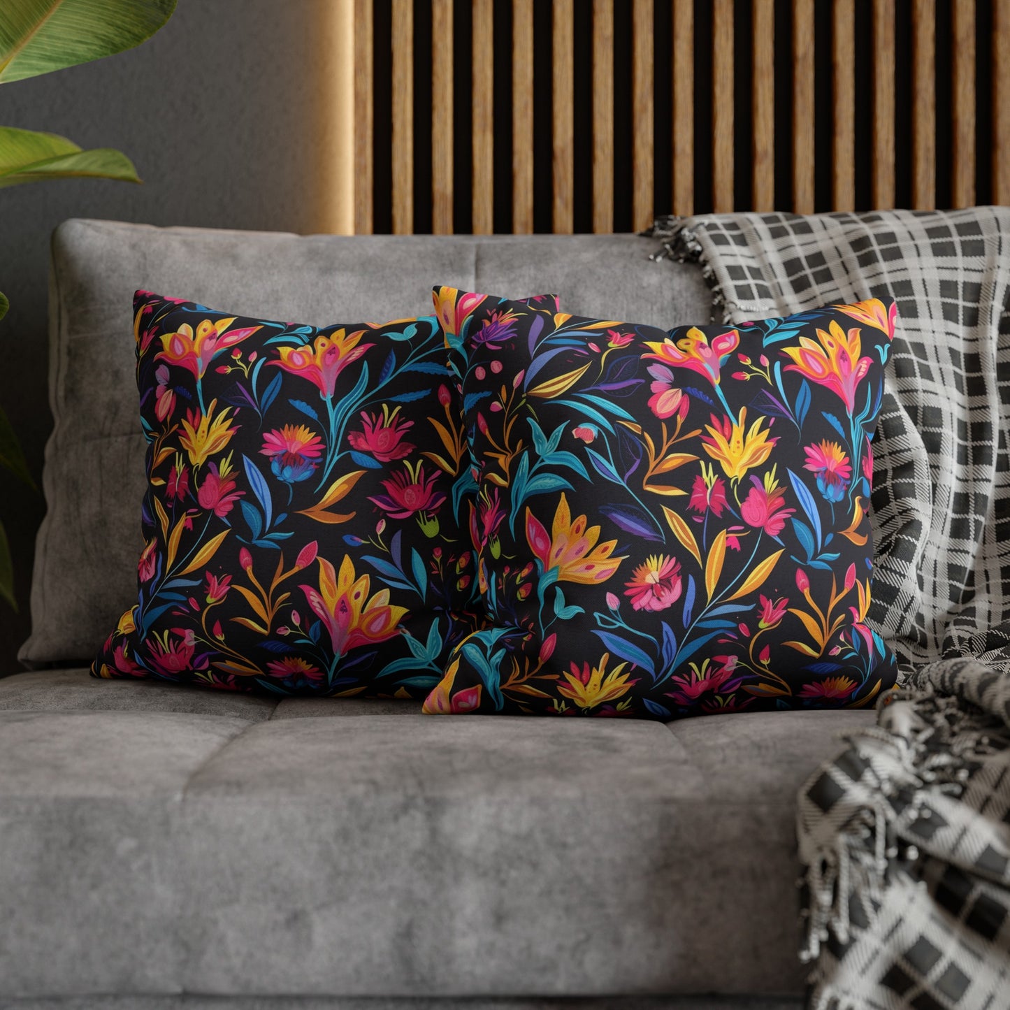 Vibrant Floral Fantasy in Midnight Garden Design Spun Polyester Square Pillowcase 4 Sizes