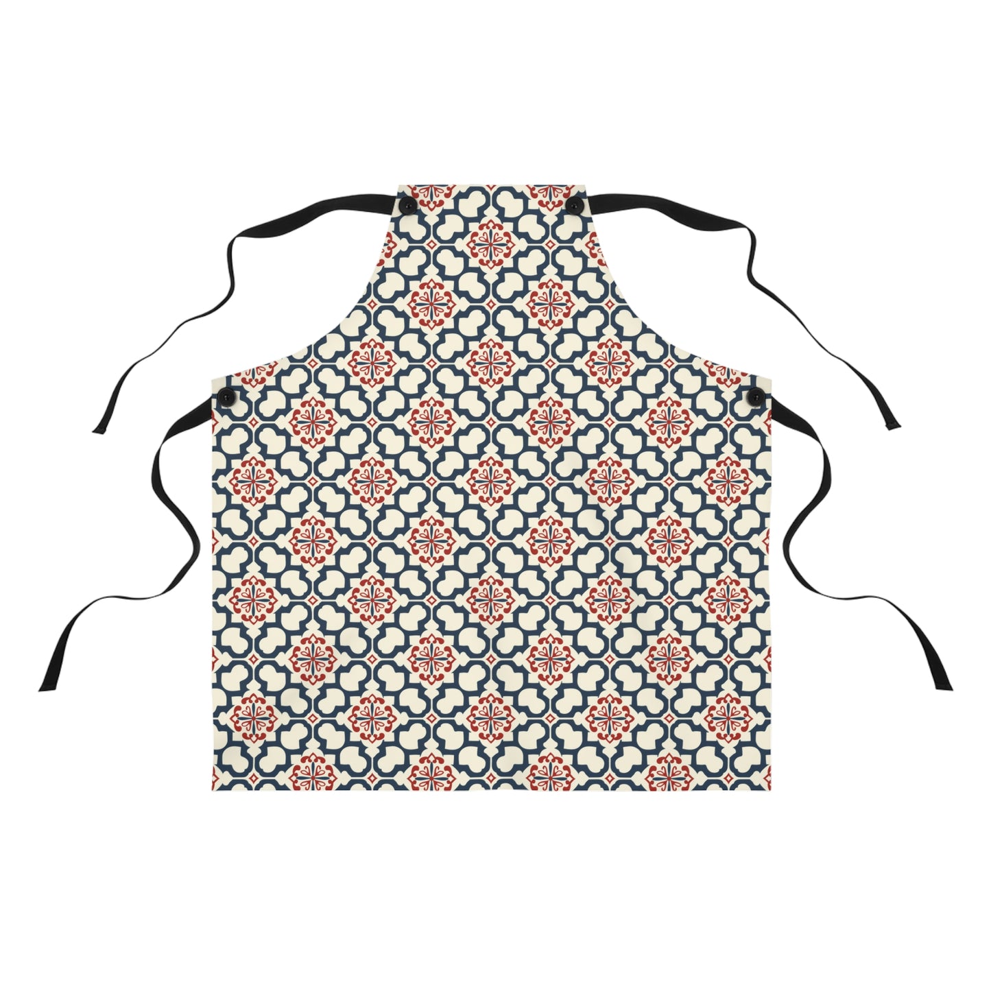 Traditional Korean Elegance in Bold Red and Navy Geometric Tile Pattern Kitchen Chef Apron