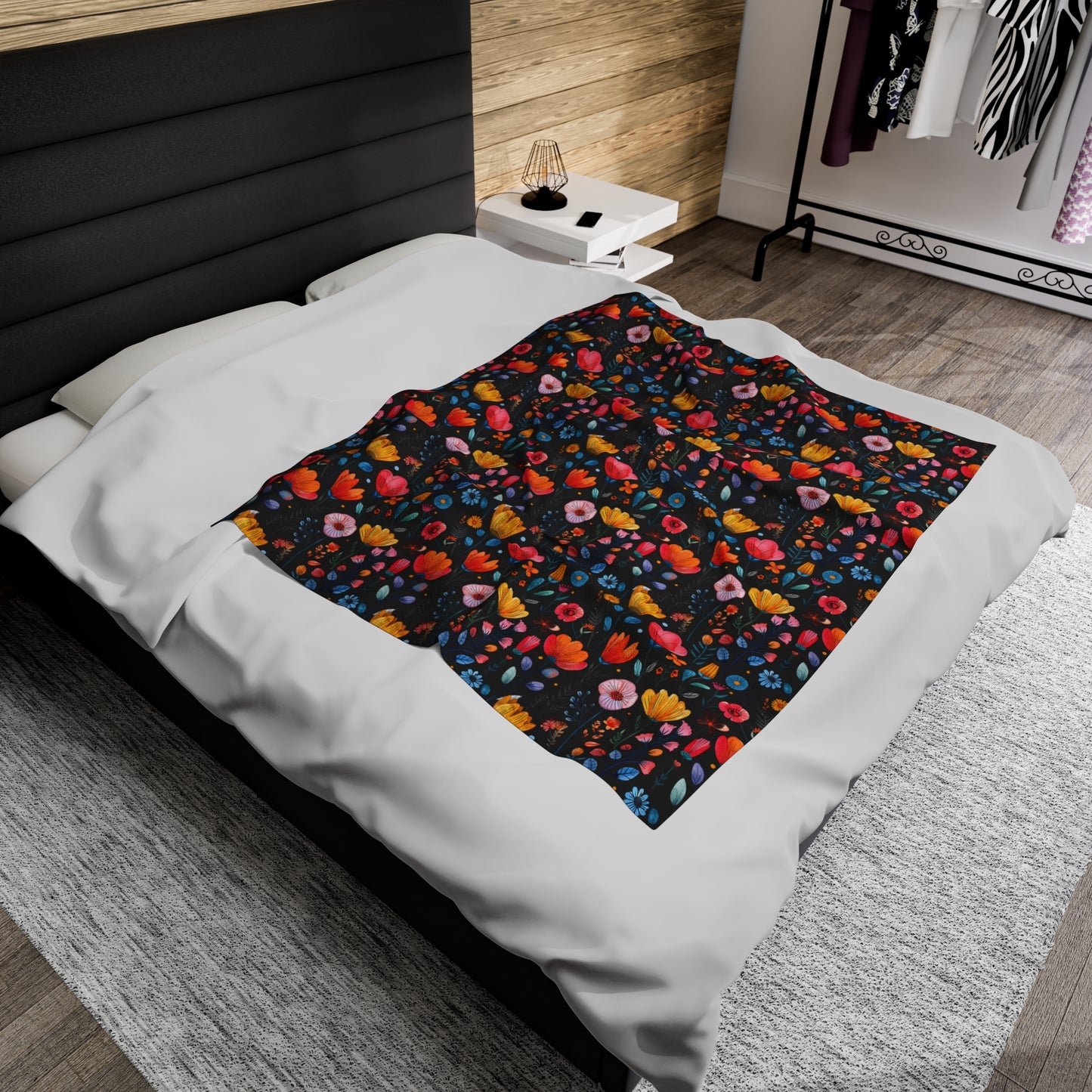 Vibrant Spring Blooms in a Kaleidoscope of Colors on Black Velveteen Plush Blanket 3 Sizes