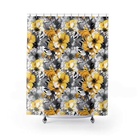 Soothing Radiance: Large Yellow and Grey Watercolor Flower Design Bathroom Shower Curtain   71" × 74"