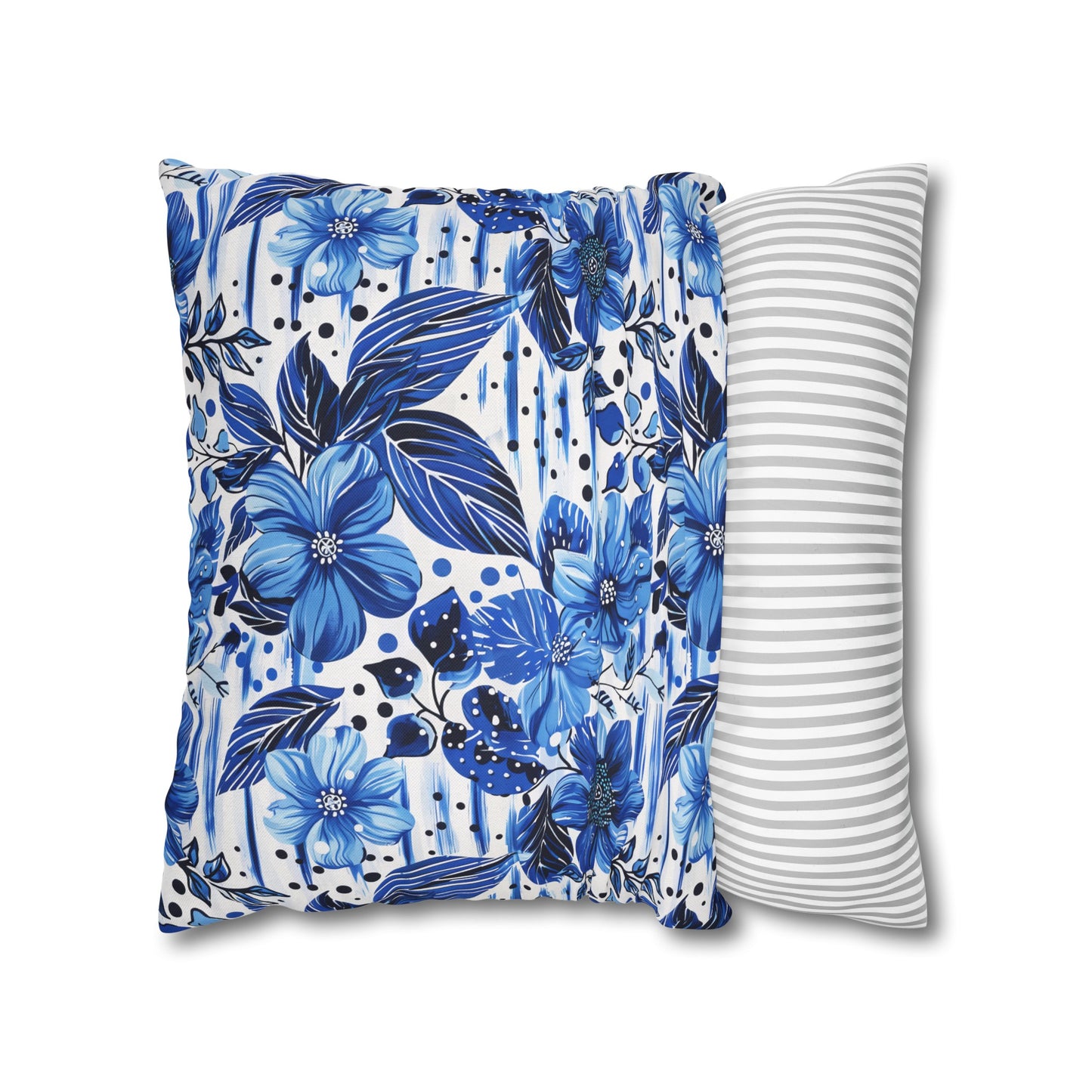 Floral Symphony in Shades of Blue, Harmonized with Abstract Lines Spun Polyester Square Pillowcase 4 Sizes