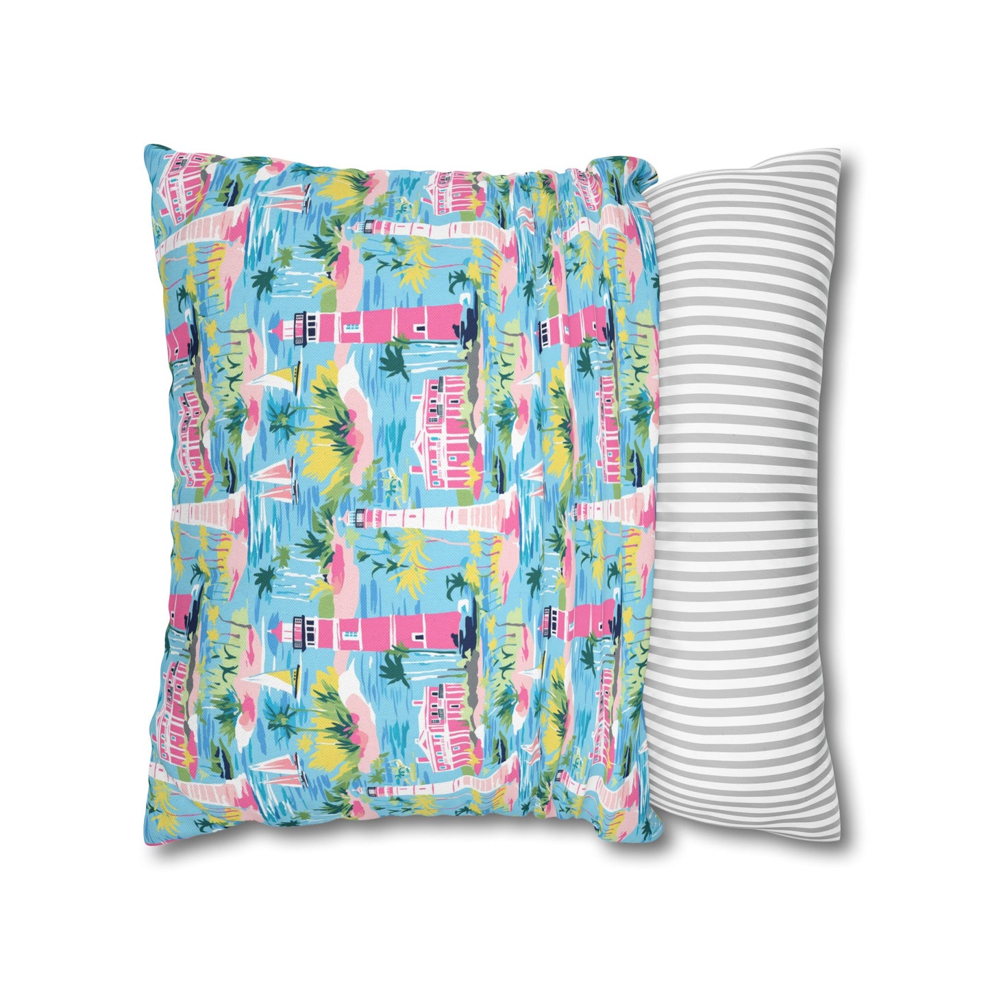 Coastal Charms: Sailboats and Lighthouses Adorning the Coastline Spun Polyester Square Pillowcase 4 Sizes