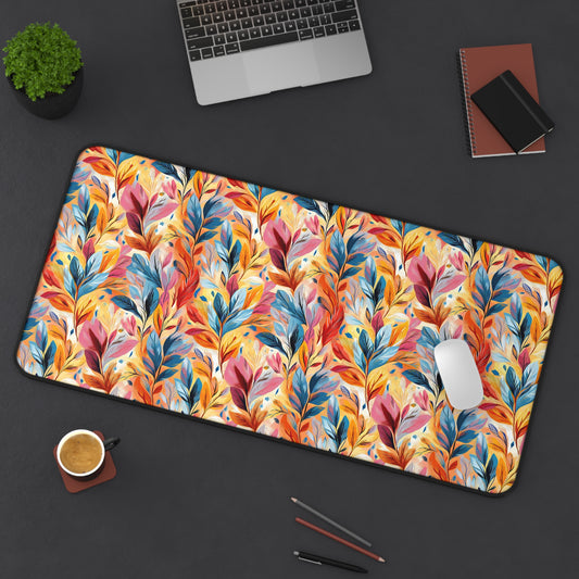 Vibrant Autumn Feathers in Hues of Orange, Yellow, Blue, and Pink on a Textured Background Extended Gaming Mouse Pad Desk Mat - 3 Sizes