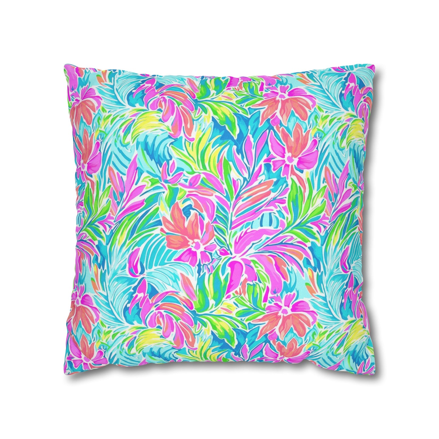 Neon Tropics: Vibrant Rainbow Flowers and Palm Leaves in Electric Splendor Spun Polyester Square Pillowcase 4 Sizes