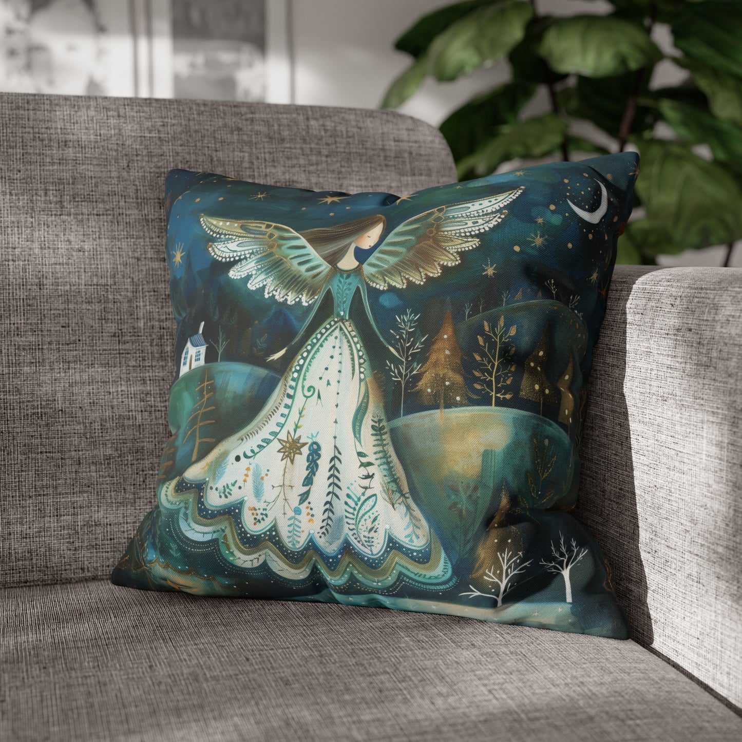 Starry Serenade: Angel in Flowing Dress Amidst a Starry Night Spun Polyester Square Pillowcase 4 Sizes